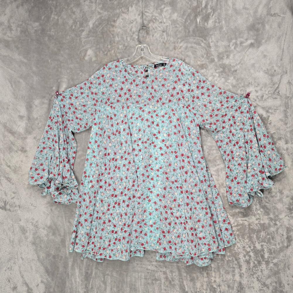 Boohoo Womens Blue Floral Pleated Smock Dress Bell‎ Sleeve NWT Sz 14 Cottagecore - Picture 12 of 14